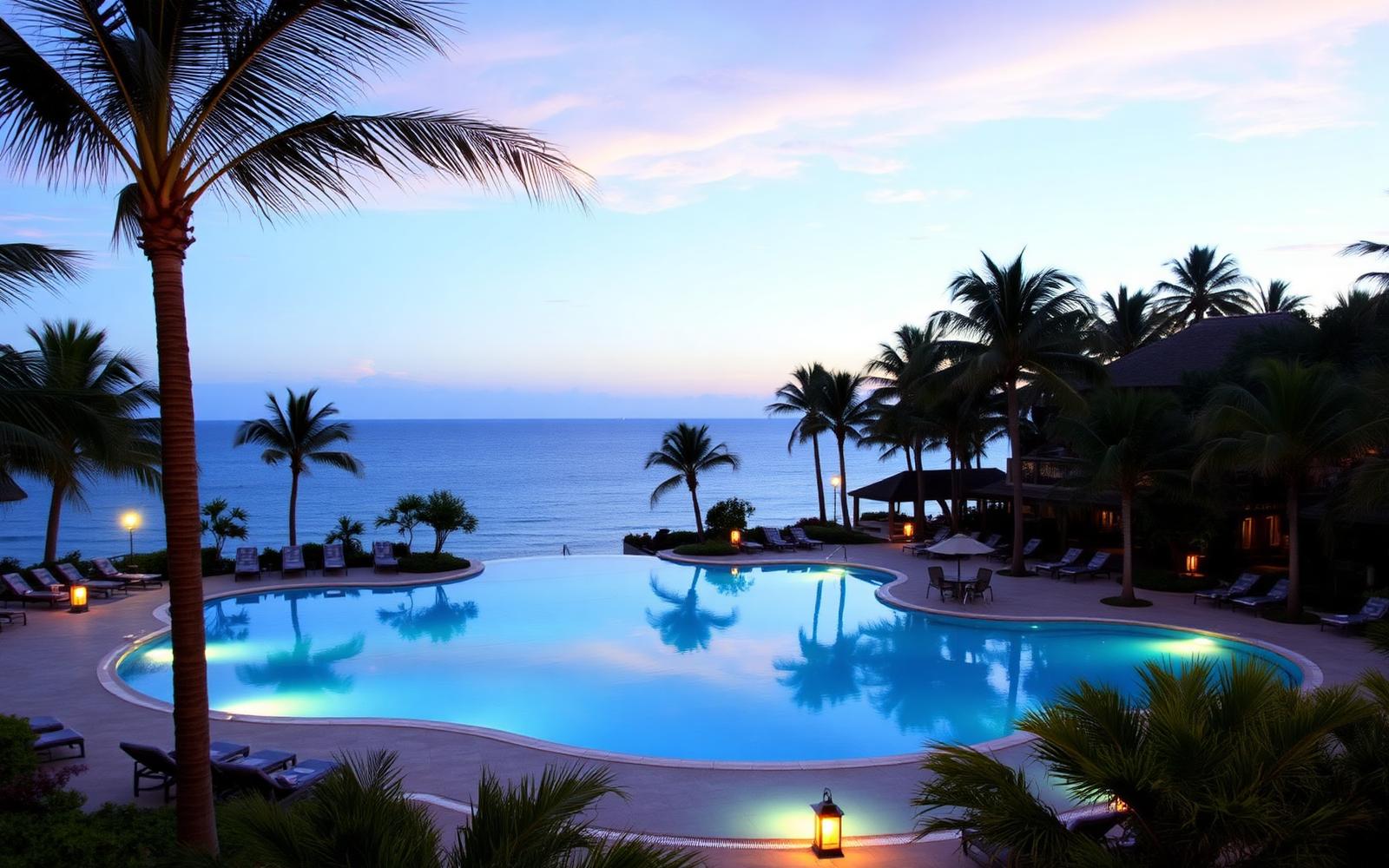 Beach House Goviyapana oceanfront pool and tropical grounds at dusk