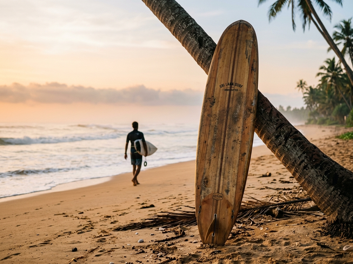 Surfers walking along the beach in Sri Lanka